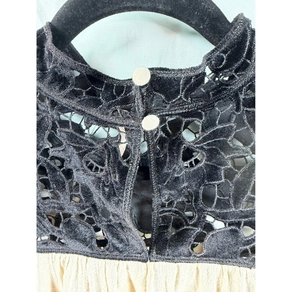 Velvet Lace Free People Crop‎ Top Long Sleeve Black Cream Boho Victorian Blouse